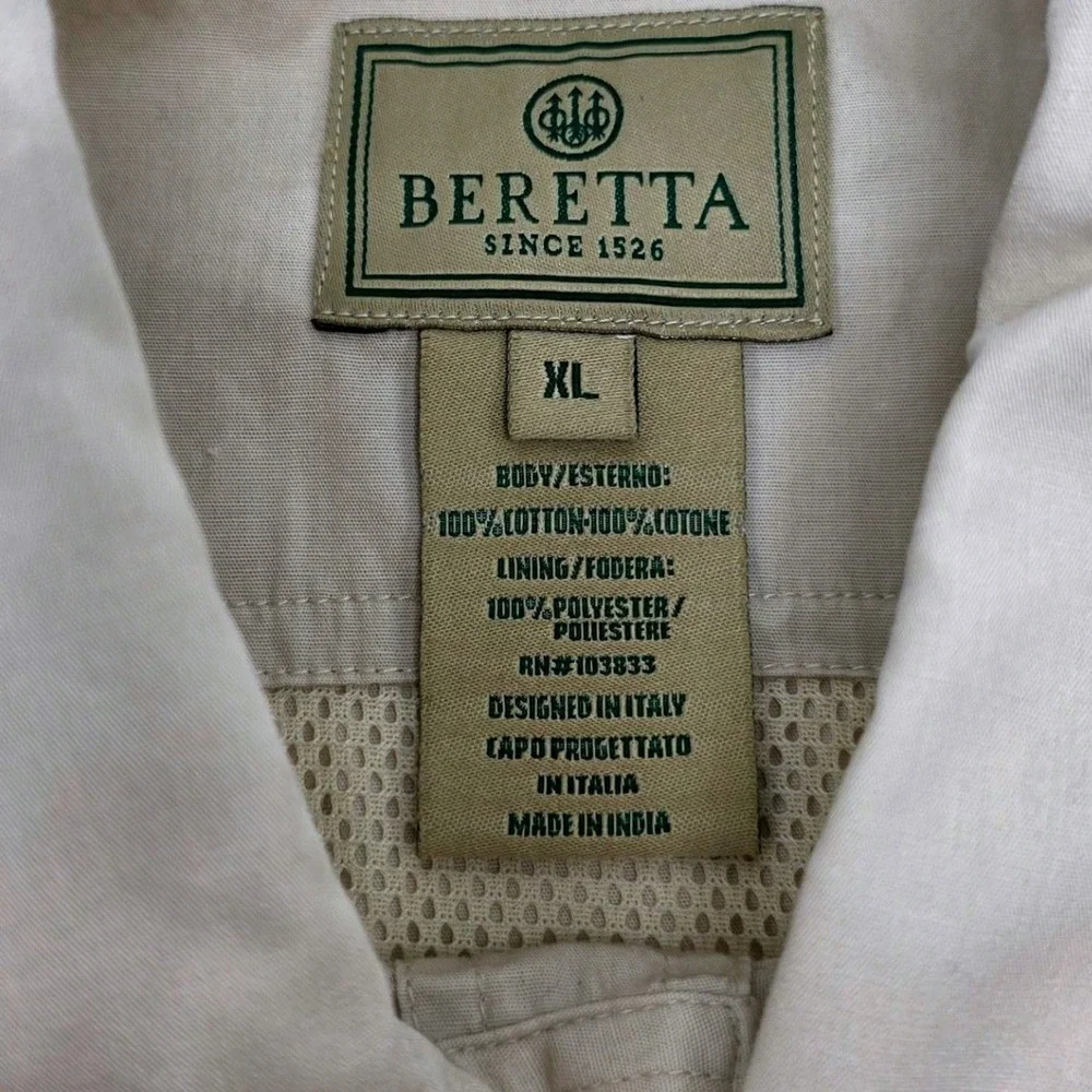 Beretta Mens XL Tan Cotton Long Sleeve Shooting Shirt‎ Quilted Shoulder Vented